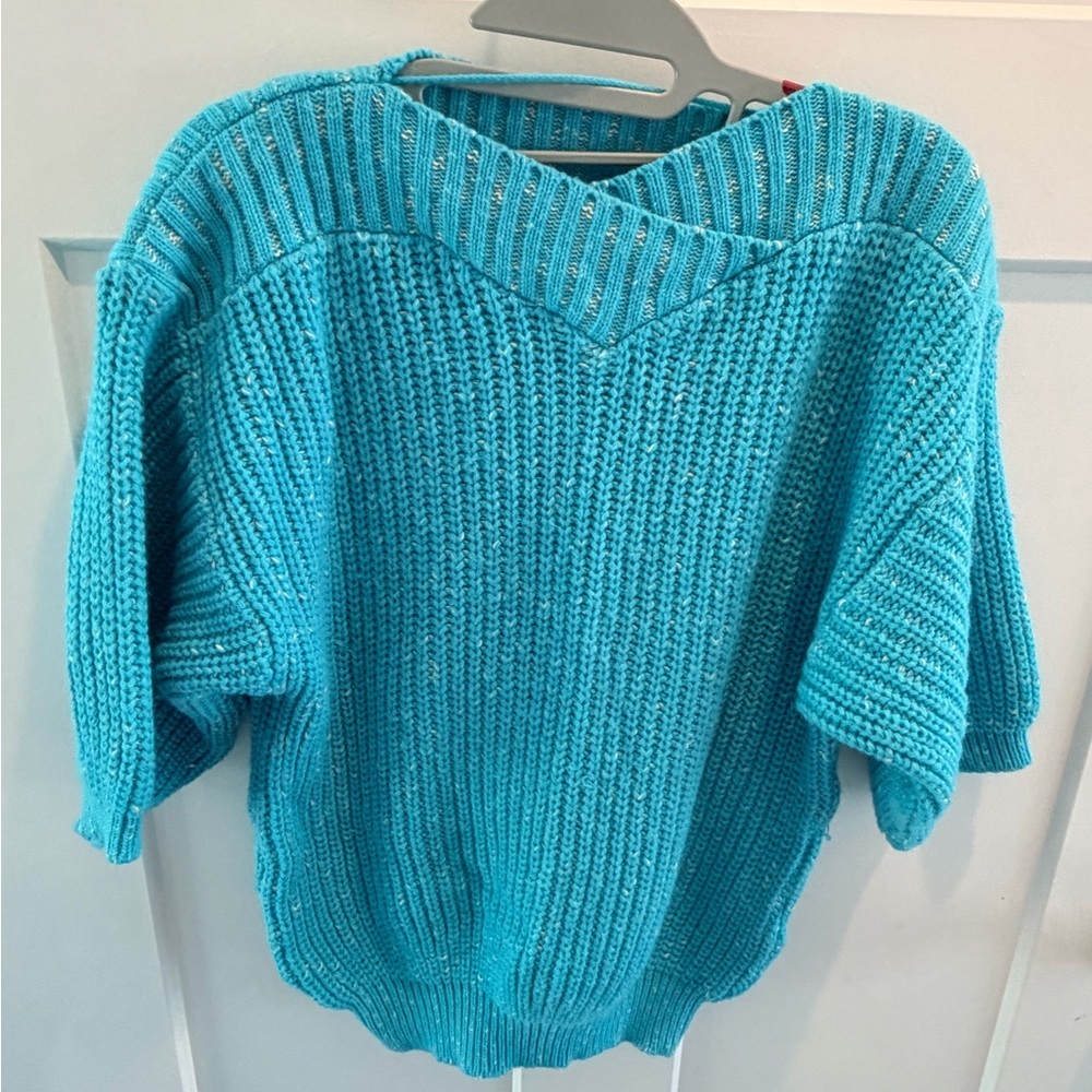 Yessica Aqua Short Sleeve Knit Sweater Textured Cotton Blend Women’s Size small